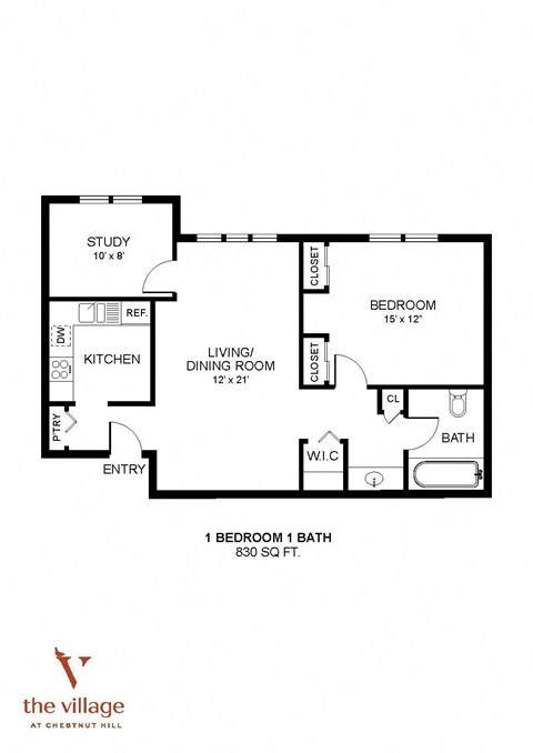 1 Bedroom 1 Bath Floor Plan at Chestnut Hill Village, Philadelphia, 19118